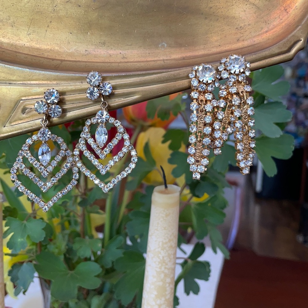 Rhinestone Dangle Gold Tone Clip Earrings